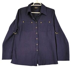 Analogy Women's Navy Blue Long Sleeve Button Up Shirt Tunic Top with Gold Detail